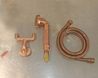 Solid Copper Handheld Shower Head + Hose and Holder