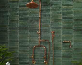 Solid Copper Shower Set of Complete Solid Copper and brass | RAW copper | Hot Cold Rain Shower + Heavy Duty Hand piece  | Bespoke Handles +
