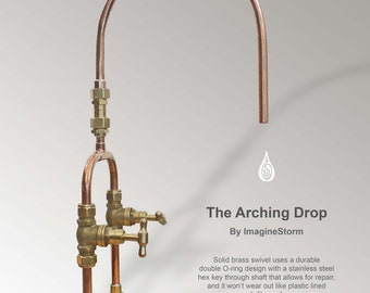 Fine Finish Copper Mixer Tap / Faucet | The Arching Drop - Extended Spout | Solid Swivel | Copper Base Plates | Aerator Optional