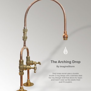May include: A copper and brass tap featuring an arched spout, two handles, and circular base plates. Text on the image reads: The Arching Drop By ImagineStorm. Solid brass swivel uses a durable double O-ring design with a stainless steel hex key.