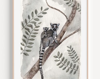 Lemur Watercolor | Lemur Painting | Mommy and Me | Lemur Mommy and Baby | Nursery Art