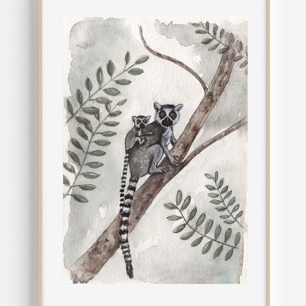 Lemur Watercolor | Lemur Painting | Mommy and Me | Lemur Mommy and Baby | Nursery Art