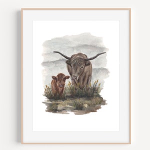 Highland Cow Painting, Highland Cow Mommy and Baby, Highland Cow Art Print