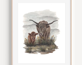 Highland Cow Painting, Highland Cow Mommy and Baby, Highland Cow Art Print