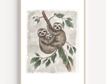Sloth Family | Sloth Painting | Sloth Nursery | Sloth Baby | Sloth Mommy and Baby