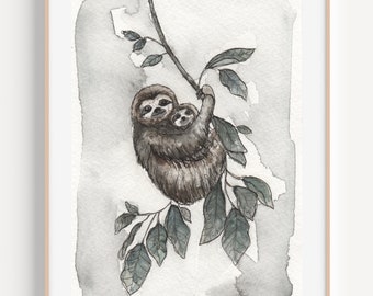 Sloth Painting | Sloth Watercolor | Mommy and Baby Sloth | Mommy and Me Sloth | Nursery Decor | Sloth Nursery Art