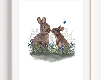 Bunny Mommy and Baby, Bunny Nursery Art, Bunny art Print, Baby Bunny