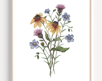 Wildflowers Art Print, Watercolor Flowers, Watercolor Wildflowers, Wildflowers Painting