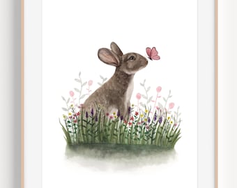 Bunny Art Print, Bunny Nursery Art, Bunny and Butterfly Painting