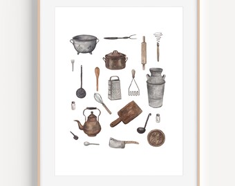 Kitchen Artwork, Art for Kitchen, Antique Utensils, Antique Kitchen Painting