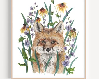 Fox and Flowers Painting, Fox Nursery Art, Fox Art Print