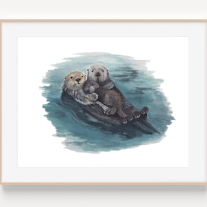 Otter Family Painting | Mommy and Baby Otter | Otter Nursery Art