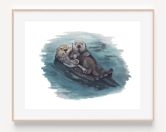 Otter Family Painting | Mommy and Baby Otter | Otter Nursery Art