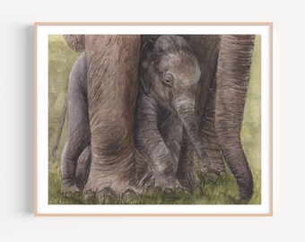 Mommy and Baby Elephant, Elephant Painting, Elephant Watercolor