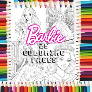 May include: A set of 25 coloring pages featuring black and white illustrations of Barbie dolls in various poses and settings. The title "Barbie 25 Coloring Pages" is displayed in pink letters.