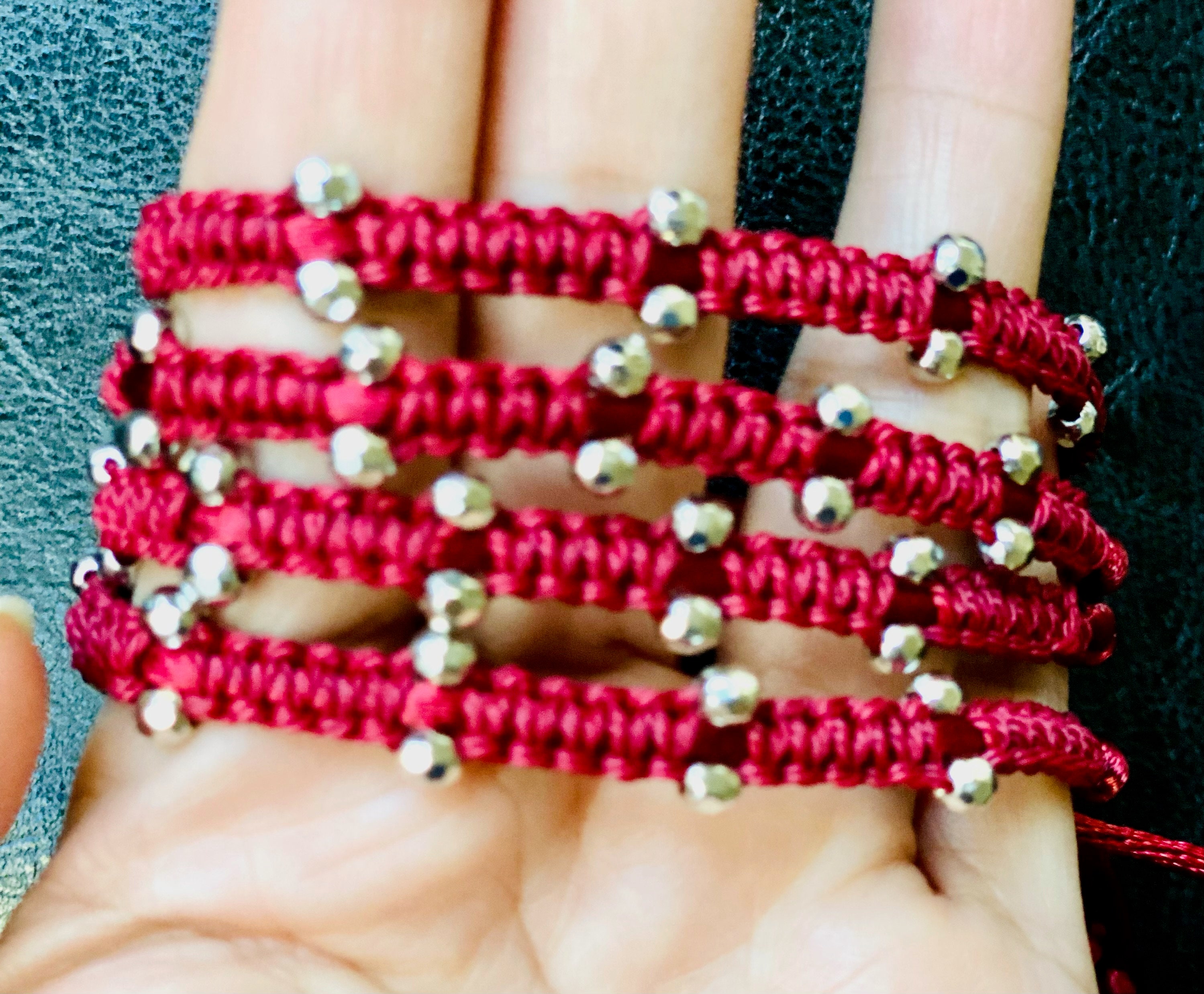 Thread Bracelet in Burgundy Color With Rice Beads. 