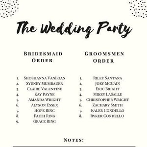 May include: A wedding party itinerary on cream-colored paper. The title "The Wedding Party" is in elegant script. Lists of bridesmaids and groomsmen are included, along with notes about the ceremony.