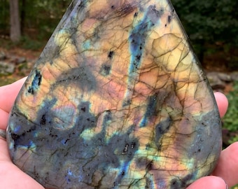 May include: A large, triangular, polished labradorite crystal with iridescent blue, green, and gold colors. The crystal has a smooth, polished surface and is a natural gemstone.
