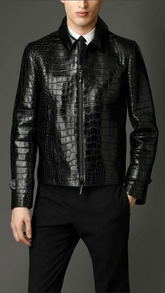 Genuine Crocodile alligator belly leather skin black jacket for