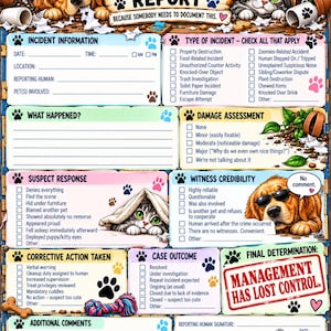 May include: A printed pet incident report form featuring illustrations of a golden retriever and a tabby cat. The document includes sections for incident details, damage assessment, suspect response, witness credibility, and final determination.