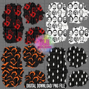 May include: Eight digital paper designs featuring Halloween themes. The designs include a red handprint pattern, a black and orange bat pattern, a black and white ghost pattern, and a black and white horror movie character pattern. The designs are in a distressed, grunge style.