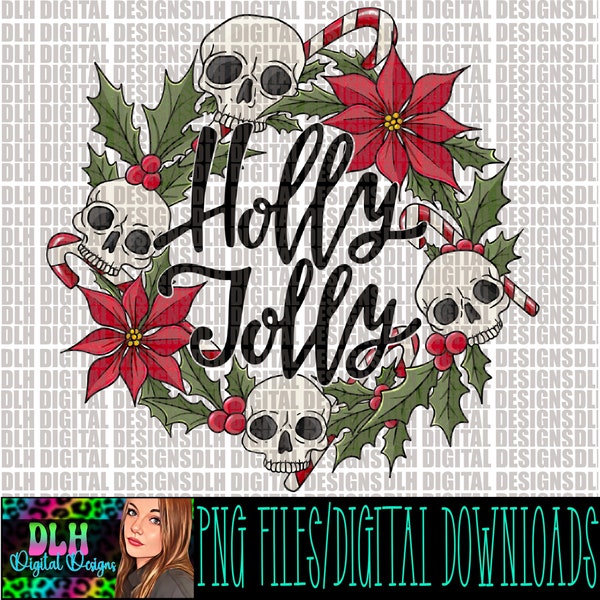 Holly jolly, skull wreath, png file, digital download