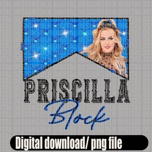 Pode incluir: Um download digital de um gráfico azul e preto com o texto "PRISCILLA Block" e uma foto de uma mulher com cabelo loiro. O gráfico tem um fundo azul com estrelas brancas e uma borda azul e branca.