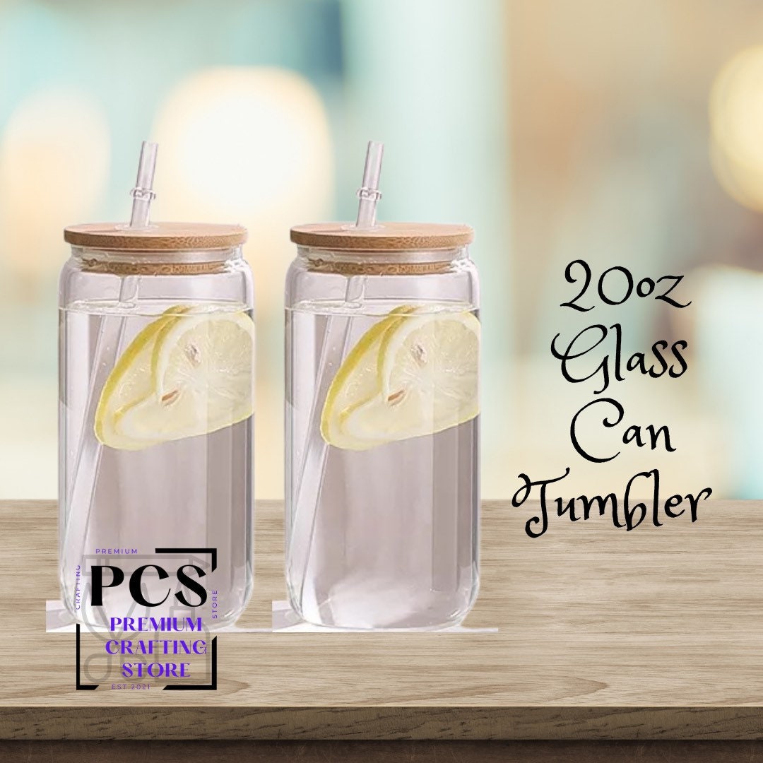 20 oz Clear Glass Sublimation Tumbler w/ Bamboo Lid & Plastic Straw