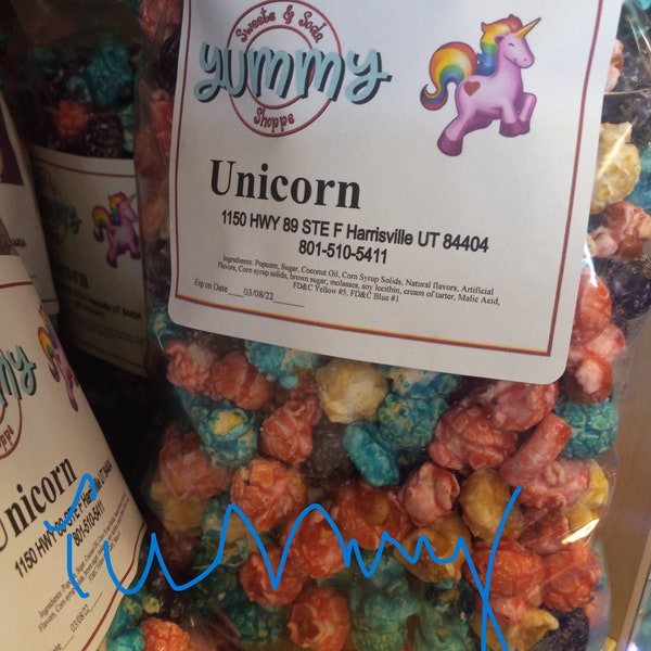 kleine Tasche Einhorn, ja das richtige Einhorn Popcorn mit Baumwollaroma und weißer Vanille Schokolade 20 g