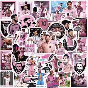 May include: A collection of stickers featuring the soccer player Lionel Messi. The stickers are pink and white with various images of Messi playing soccer, his name, and the words "Miami Messi".