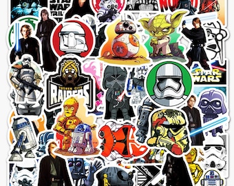 May include: A set of 50 Star Wars themed stickers featuring characters like Darth Vader, Yoda, and Stormtroopers. The stickers are colorful and feature a variety of designs.