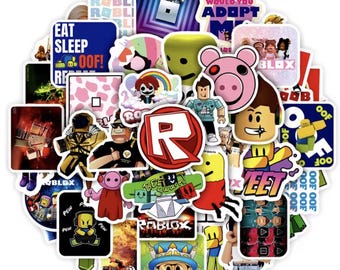 May include: A collection of colorful Roblox-themed stickers featuring various characters, logos, and phrases. Designs include the Roblox logo, characters, and text like "Eat Sleep Oof!" and "Would You Adopt Me?" The stickers are round and have a white border.