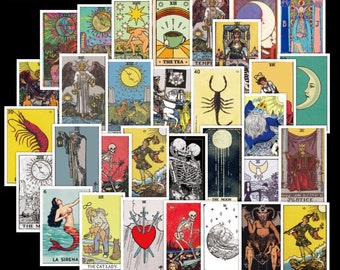 May include: A set of 22 tarot cards featuring colorful illustrations of various characters and symbols. The cards are arranged in a grid pattern and include the names "The Tea", "Temperance", "The Moon", "Justice", "La Sirena", "The Cat Lady", "Death", "The Empress", "The Devil", and "The Fool".