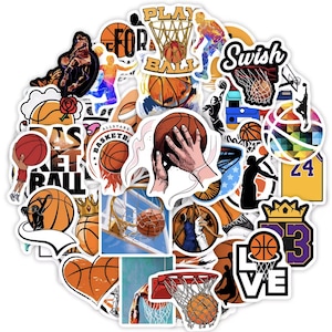 May include: A collection of basketball-themed stickers in various designs. The stickers feature basketballs, hoops, players in action, and text like "Swish" and "Play Ball." The color palette includes orange, black, white, and shades of purple and blue.