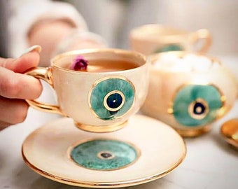 Handmade Evil Eye Ceramic cup and saucer Set- with 11k Gold plated edges