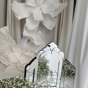 Antique Venetian Style Trifold Mirror: Etched Beveled Glass, Tabletop Vanity Mirror