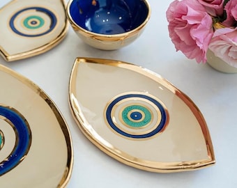 Handmade Evil Eye Gold Edged Dish, Serving board, Dessert platter, Jewelry Holder