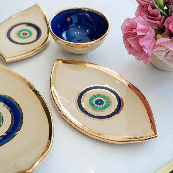 Handmade Evil Eye Gold Edged Dish, Serving board, Dessert platter, Jewelry Holder