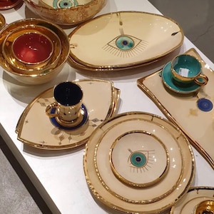 Oval Evil Eye dish Gold Plated, Serving board, Dessert platter Beige And Turquoise Nazar Modern Pottery, Housewarming Gift, Handmade Gift image 9
