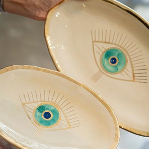 Oval Evil Eye dish Gold Plated, Serving board, Dessert platter Beige And Turquoise Nazar Modern Pottery, Housewarming Gift, Handmade Gift image 1