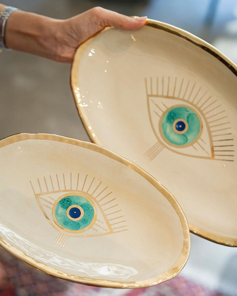 Oval Evil Eye dish Gold Plated, Serving board, Dessert platter Beige And Turquoise Nazar Modern Pottery, Housewarming Gift, Handmade Gift image 1