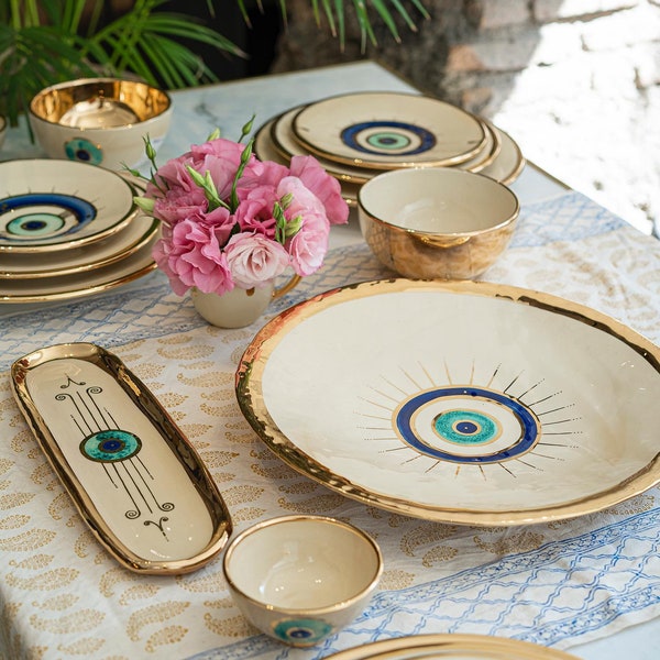 Handmade Evil Eye Plate: Gold Trim Porcelain Dish, Nazar Wall Art