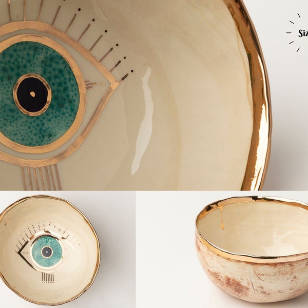 Cuencos de cerámica hechos a mano con brillo dorado de mal de ojo (diseño de ojos)