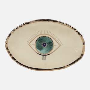 Oval Evil Eye dish Gold Plated, Serving board, Dessert platter Beige And Turquoise Nazar Modern Pottery, Housewarming Gift, Handmade Gift image 2