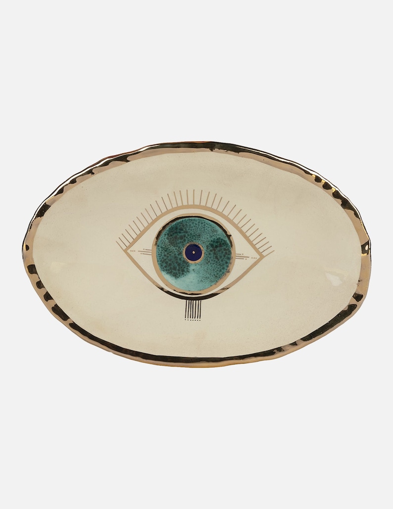 Oval Evil Eye dish Gold Plated, Serving board, Dessert platter Beige And Turquoise Nazar Modern Pottery, Housewarming Gift, Handmade Gift image 2