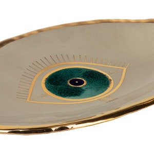 Oval Evil Eye dish Gold Plated, Serving board, Dessert platter Beige And Turquoise Nazar Modern Pottery, Housewarming Gift, Handmade Gift image 4