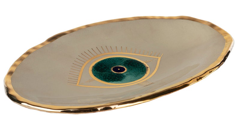 Oval Evil Eye dish Gold Plated, Serving board, Dessert platter Beige And Turquoise Nazar Modern Pottery, Housewarming Gift, Handmade Gift image 4