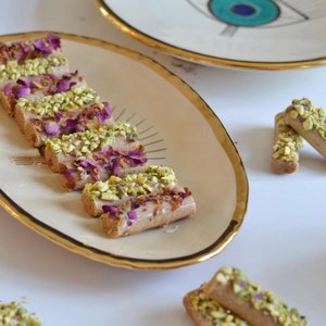 Oval Evil Eye dish Gold Plated, Serving board, Dessert platter Beige And Turquoise Nazar Modern Pottery, Housewarming Gift, Handmade Gift image 6