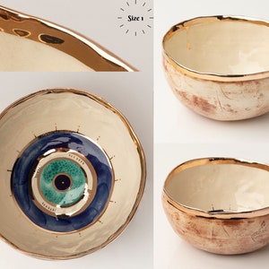 Ciotole in ceramica fatte a mano con bordo dorato e lustro anti-malocchio, mix di occhi blu malvagi, occhio fortunato