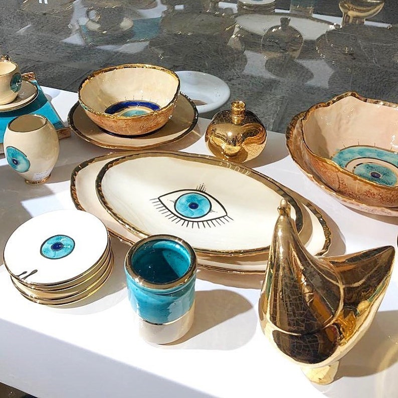 Oval Evil Eye dish Gold Plated, Serving board, Dessert platter Beige And Turquoise Nazar Modern Pottery, Housewarming Gift, Handmade Gift image 8